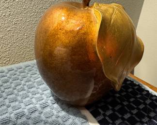 Vintage Brass Apple Paperweight with Leaf Accent