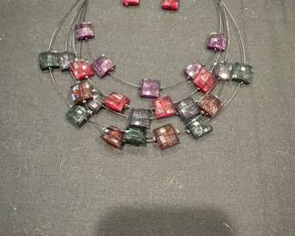 Multi-Strand Faceted Glass Cube Bead Necklace and Earring Set