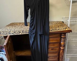 Black Ruched Long Sleeve Evening Gown with Brooch