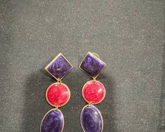 Enamel Dangle Earrings - Geometric Purple and Fuchsia