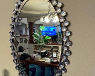 Oval Beveled Mirror with Faceted Crystal Embellishments