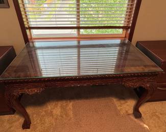 Vintage French Style Carved Writing Desk with Glass Top