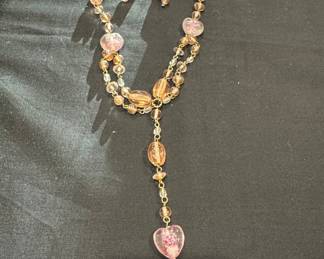 Pink Glass Heart and Faceted Bead Y-Drop Necklace and Earring Set