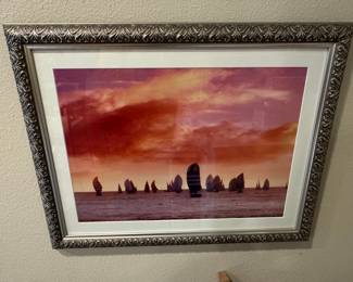 Framed Print of Sailboats at Sunset