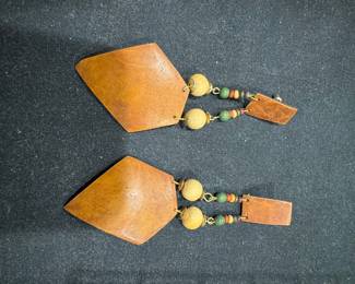 Hand Carved Wood and Bead Dangle Earrings - Geometric Triangle