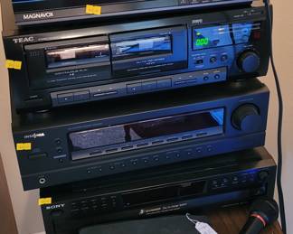 Sony DVD VHS player, VHS Magnavox player, Teac double cassette deck player, insignia receiver, Sony 5cd changer