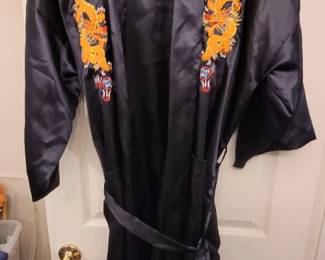 Vintage Golden Dragon Silk Kimono Black Embroidery