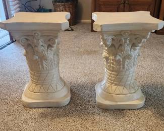 Two Neoclassical White Pedestal Stands with Handcarved Corbels