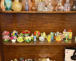 Vintage perfume bottles, teapots