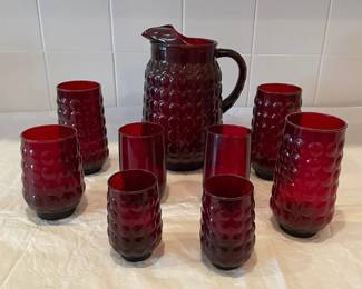 Bubble Ruby Red Pitcher And Various Tumblers