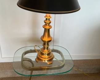 Glass Top And Brass Leg Side Table With Brass Lamp