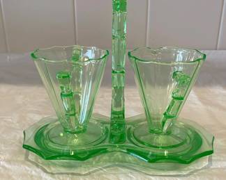Vintage Cambridge Uranium Decagon Green Cream And Sugar With Holder
