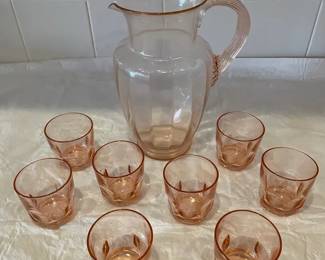 Beautiful Depression Pink Glass Pitcher And Glasses