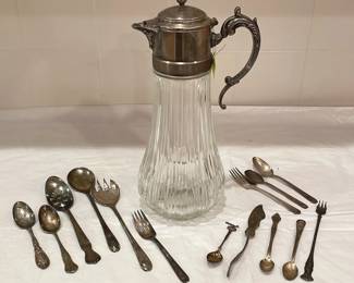 Elegant Possibly Silver Plate Top Glass Wine Cooler And Silverplated Utensils