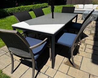 Room & Board Parsons patio dining table, Summer Classics Villa dining chairs & umbrella