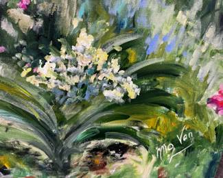View of garden cottage oil painting 48" x 60"