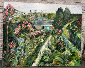 View of garden cottage oil painting 48" x 60"