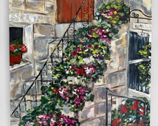 Painting of stairway festooned with flowers 