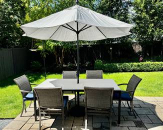 Room & Board Parsons patio dining table, Summer Classics Villa dining chairs & umbrella