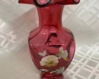 Fenton Handpainted Cranberry Vase