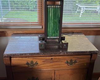 Marble Top Washstand + Leaded Glass Table Lamp