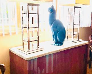 Marble top Console+ Pair Chrome and Glass Table Lamps
