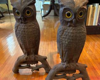 Owl Andirons with Green Glass Eyes