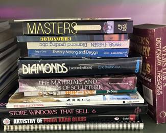 Books including Diamonds (second edition) by Eric Bruton, Artistry of Peggy Karr Glass, Jewelry Making and Design by Rose/Cirino, and Masters Gemstones