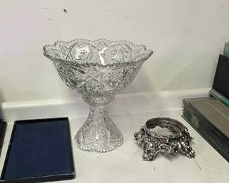 Vintage pressed glass punch bowl, and a metal Pitman Dreitzer punch bowl base