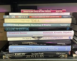 Reference books including The Beauty of Jewelry by Joan Frank, Christmas Advertising, Marketing & Display, American Cars of the 1940s, The Jewels of Jean Schlumberger, 1971 International Diamond Annual