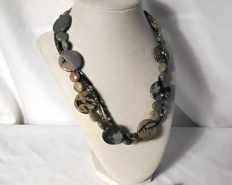 Handcrafted Triple Stand Necklace With Agate, Crystal, Shell And Sterling Silver Clasp