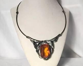 Art Nouveau Styled Necklace With Large Amber Colored Jewel