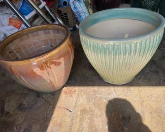 Two Large Planters Light Green And Caramel Colored