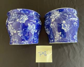 Pair Of Matching Blue And White Floral Wall Pockets