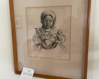 Framed Signed Etching By Arthur William Heintzelman Of A Girl And Cat