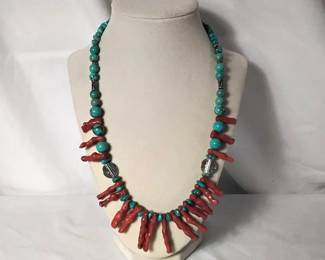 Handcrafted Red Coral And Turquoise Necklace