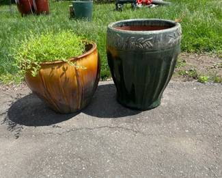 Two Ceramic Planter Pots, caramel Colored And Green