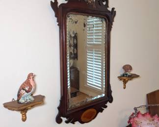 Edwardian Inlaid Mahogany and Gilt Chippendale Style Mirror