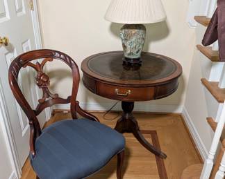 Drum Table with Leather Top and Balloon Back Chair