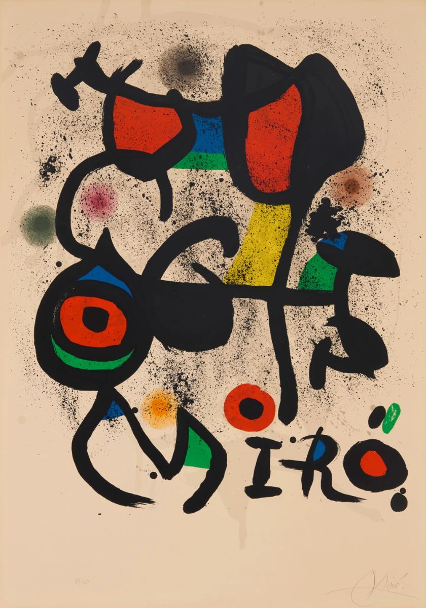 1 Joan Miró (1893-1983) Poster for the exhibition "Bronzes," Hayward Gallery, London, 1972 Lithograph in colors on Arches paper Edition: 89/150, from the edition before lettering Signed and numbered in pencil in the lower margin: Miro; inscribed in pencil in another hand on the verso: "Affiche A[?] Londres"; Arte Adrien Maeght, Paris, France; Arts Council, London, England, pub. Image: 31" H x 23.5" W (approx.); Sheet: 35.125" H x 24.625" W Estimate: $2,000 - $3,000