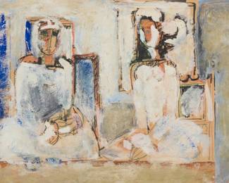 48 Attributed to Minas Avetisyan (1928-1975) Two women making bread Oil, pastel, and ink on beige paper Appears unsigned Sight: 10.5" H x 15.25" W Estimate: $2,000 - $3,000
