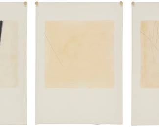 136 Romany Eveleigh (1934-2020) Untitled; Untitled; and Untitled, 3 works purportedly from the "Febo Series," circa 1982-84 Each: Graphite and watercolor on paper Each appears unsigned Each image: 7.75" H x 8" W; each sheet: 14" H x 10" W Estimate: $600 - $800