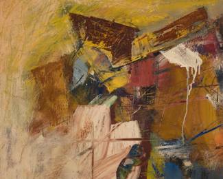 13 John Saccaro (1913-1981) Abstract composition, circa 1950s Oil on canvas Signed verso: Saccaro; with the artist's indication of the hanging orientation also written in ink, verso; dated by repute 24" H x 24" W Estimate: $6,000 - $8,000
