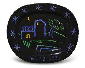 2 Pablo Picasso (1881-1973) "Paysage," 1953 Incised earthenware with glaze and engobe From the edition of 200 Dated recto along the lower center: 8-12-53; impressed to underside: MADOURA PLEIN FEU / D'APRES PICASSO; inscribed underside: EDiTiON PiCASSO 12.5" H x 14.75" W x 1.625" D Estimate: $5,000 - $7,000