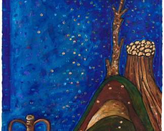157 Italo Scanga (1932-2001) "Tree on a Mountain," 1993 Acrylic on paper Signed and dated lower center: Italo Scanga / 6.6.93; titled on a handwritten label, and again on two typed labels, all affixed to the frame's backing board Sheet: 30" H x 22.25" W Estimate: $500 - $700