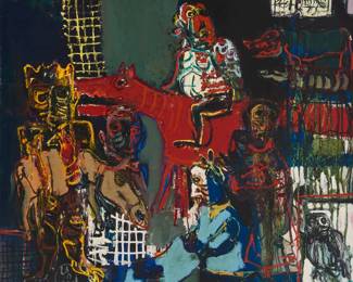 51 Sarkis Hamalbashian (b. 1956) "Image from the Blue Coast II," 1989 Oil on canvas Initialed in Armenian and dated lower left: S.H. / 1989; signed and titled in Armenian, and dated, all verso: Hamalbashian Sarkis 31.75" H x 34.75" W Estimate: $2,000 - $3,000