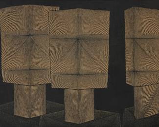 6 Tomio Kinoshita (1923-2014) "Kamen 4" (Mask 4), 1957 Woodcut on paper Edition: 33/50 Signed, dated, and numbered, and titled in Japanese, all in red pencil in the lower margin: Tomio Kinoshita / 1957; titled again on a typed label partially affixed to the verso of the upper margin edge Image: 23.5" H x 31" W; Sheet: 22.25" H x 29.5" W Estimate: $800 - $1,200