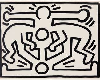 76 Keith Haring 1958-1990) One plate (first state), from the "Growing" set, 1988 Screenprint on Lenox Museum Board Edition: III/X (aside from the edition 100 plus 15 artist's proofs, all printed in colors, presumably considered to be the "second state" impressions of this image) Signed, dated, numbered, and with the artist's device in pencil along the lower portion of the right margin: K. Haring; Rupert Jansen Smith, New York, NY, prntr., with his blindstamp; Martin Lawrence Limited Editions, New York, NY, pub., with their blindstamp Image: 28.75" H x 38.5" W; Sheet: 30" H x 40.125" W Estimate: $30,000 - $50,000