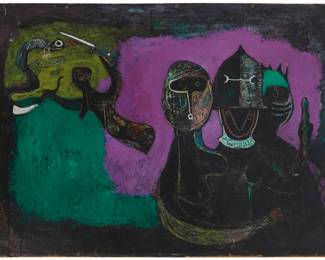 146 Felix Ruvolo (1912-1992) "The Watchers," 1945 Oil on Masonite With the incised signature lower left: Ruvolo - 45; titled on a museum label and a letter signed by Professor Karl Kasten, all affixed verso 21.5" H x 30.75" W Estimate: $3,000 - $5,000