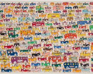 124 James Rizzi (1950-2011) "Traffic," 1988 Screenprint in colors on paper and three-dimensional collage An artist's proof, aside from the edition of 250 Signed, titled, dated, and inscribed "A/P" in pencil in the lower margin: James Rizzi / 1988 Image: 16" H x 26.25" W; Sight: 17.5" H x 27.5" W Estimate: $800 - $1,200